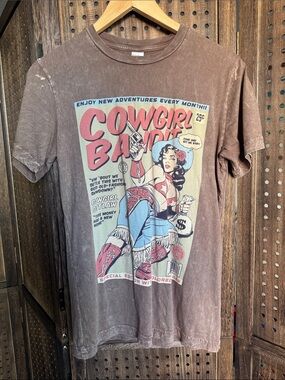 Cowgirl Bandit Retro 50’s Graphic Tee - Brown Vintage Wash Women’s Small